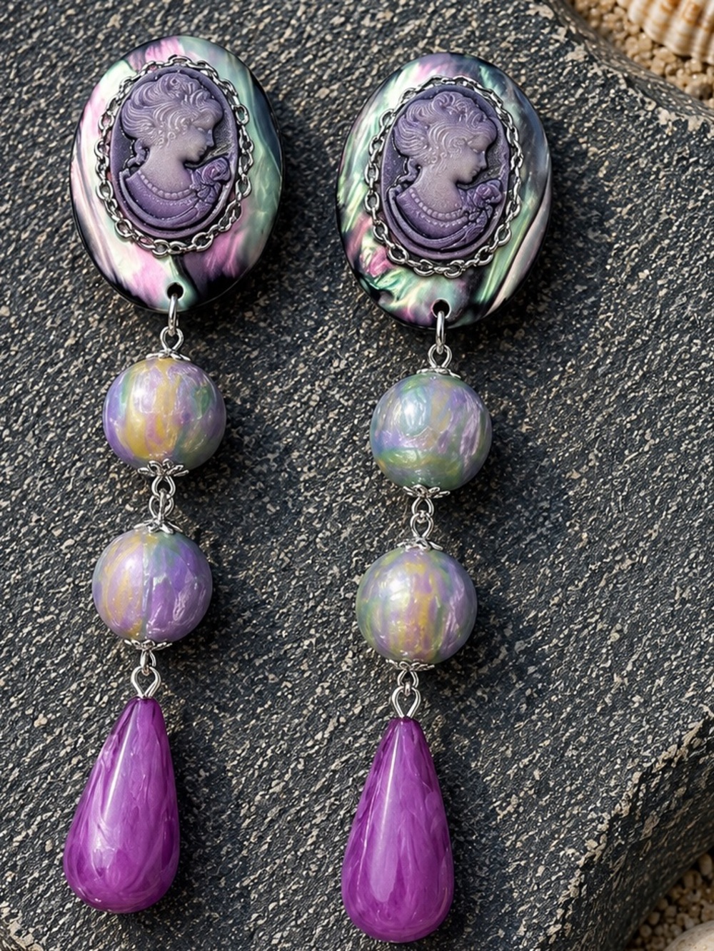 Purple Cameo Drop Earrings by
